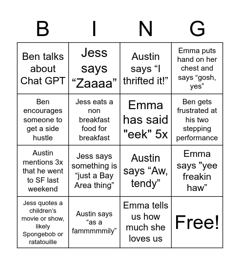 Hailey Options Bingo Card