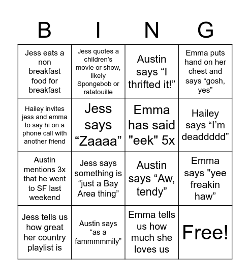 Ben Options Bingo Card