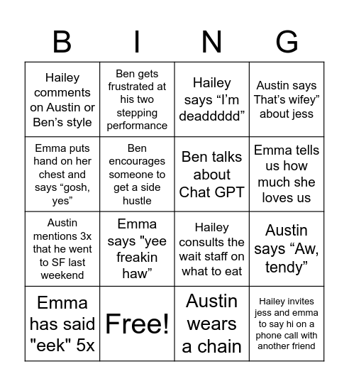 Jess Options Bingo Card