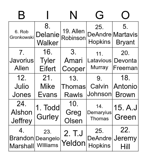 NFL BINGO Card