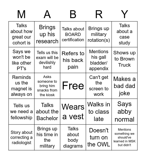 Primary Care Bingo Card