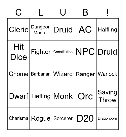 Dungeons and Dragons Bingo Card