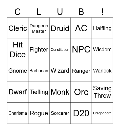 Dungeons and Dragons Bingo Card