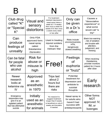 Ketamine Bingo Card
