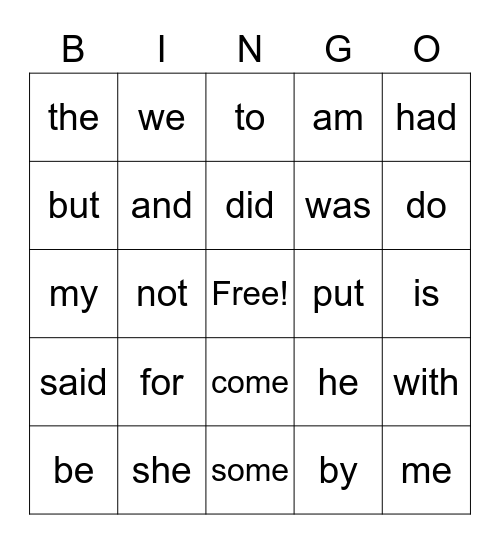 Sight Word Bingo Card