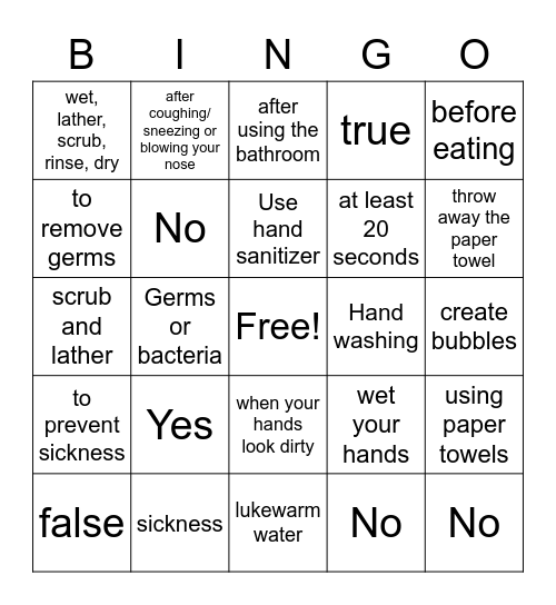 Handwashing Bingo Card