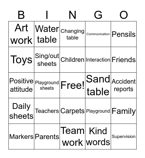 Childcare Network Bingo Card