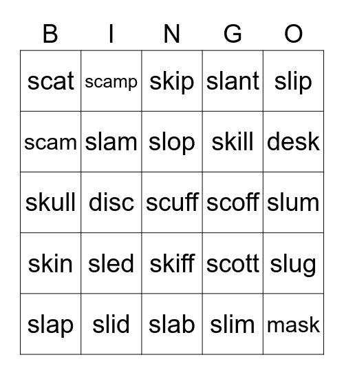 Sc/Sk/Sl Blend Words Bingo Card