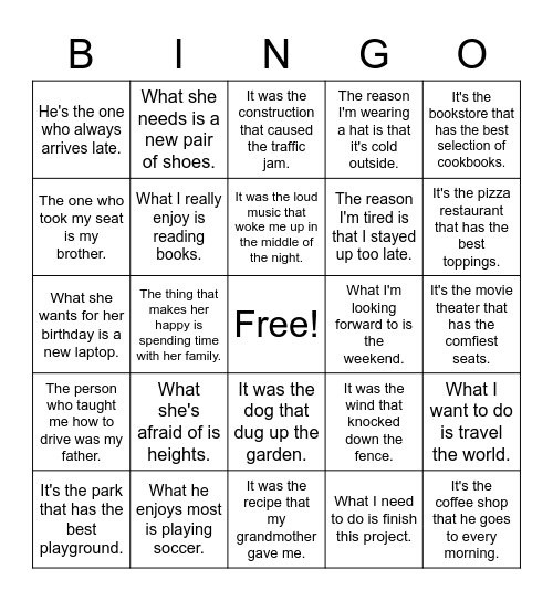 Cleft Sentences Bingo Card