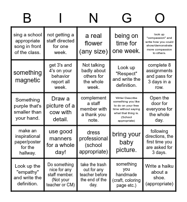 Highschool Group Challenge Bingo Card