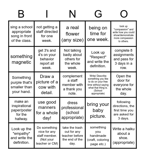 Highschool Group Challenge Bingo Card