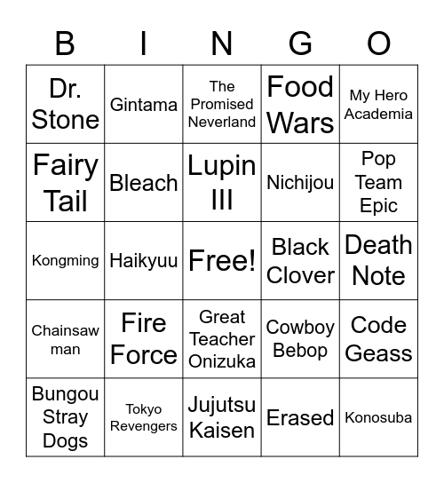 Anime Bingo Card