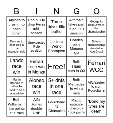 F1 23 Bingo Card