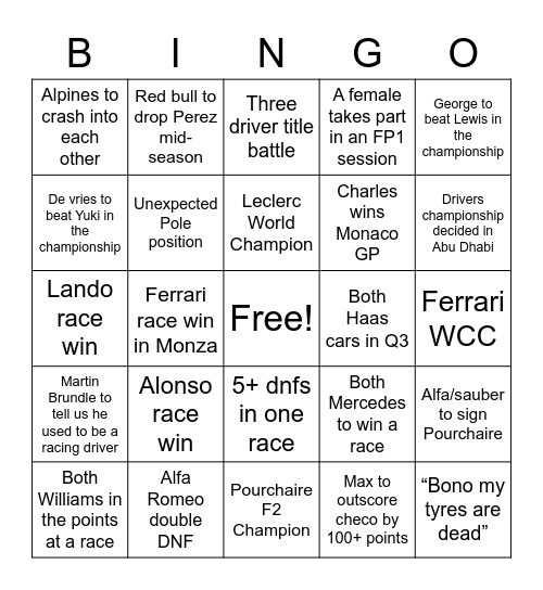 F1 23 Bingo Card