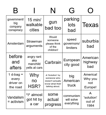 r/fuckcars bingo Card