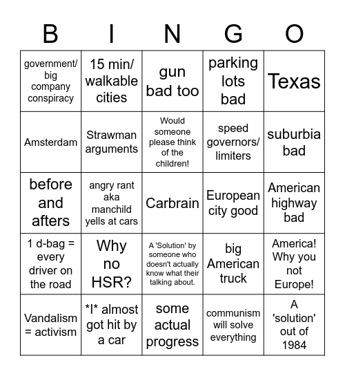 r/fuckcars bingo Card