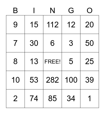 Number Bingo Card