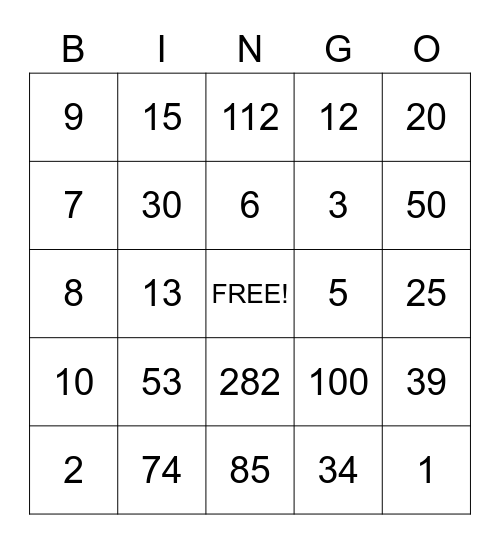 Number Bingo Card