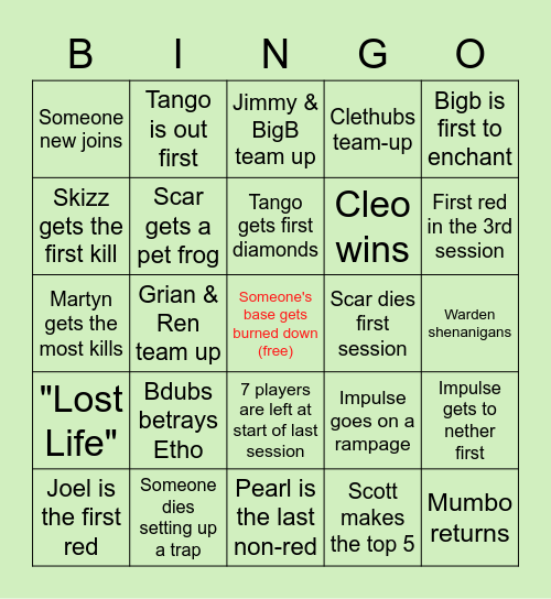 Life Series 4 Predictions Bingo Card