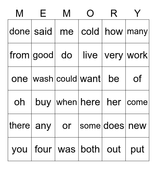 Memory Word Bingo Card