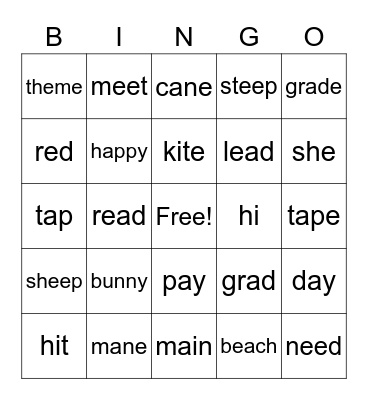 Long Vowel Bingo (a,e,i) Bingo Card