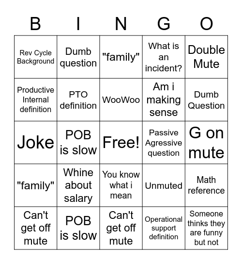 POB Meeting Bingo Card