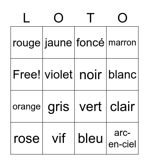 Les couleurs Bingo Card