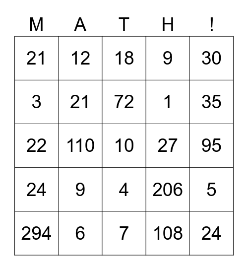 Substitution Bingo Card
