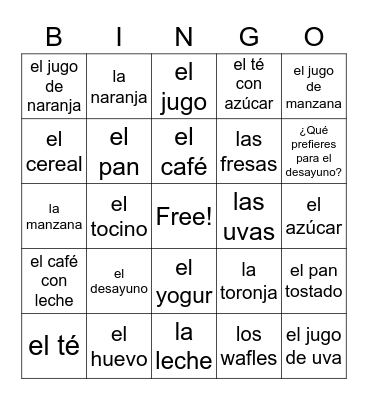 El Desayuno Bingo Card