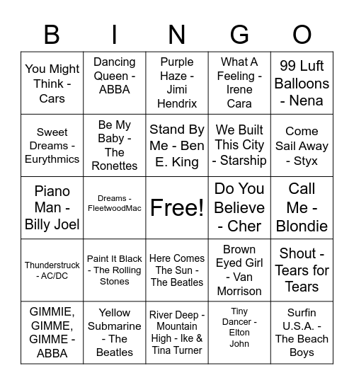 Music Bingo Card