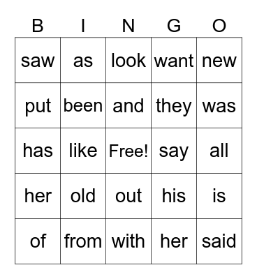 Heart words Bingo Card