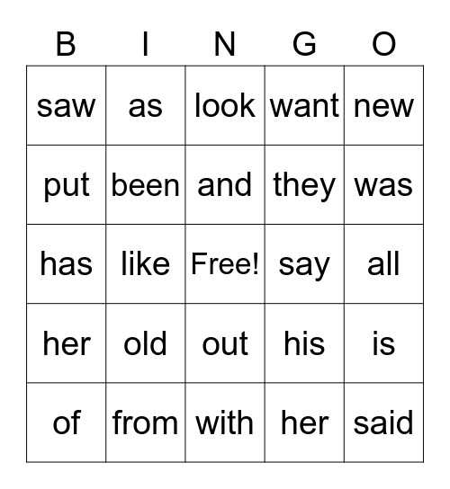 Heart words Bingo Card