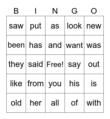 Heart words Bingo Card