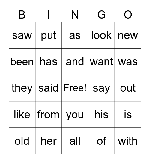 Heart words Bingo Card