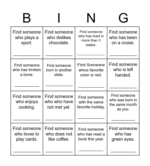 Find Someone Who Bingo Card