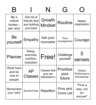 High School Transition Bingo Card