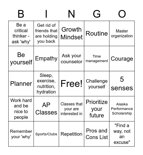 High School Transition Bingo Card