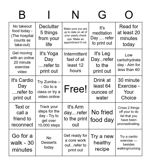 Get Healthy Challenge Bingo Card