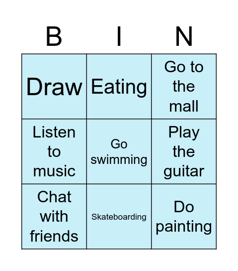 Free time activities Bingo Card