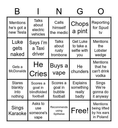 Luke’s Stag Bingo Card