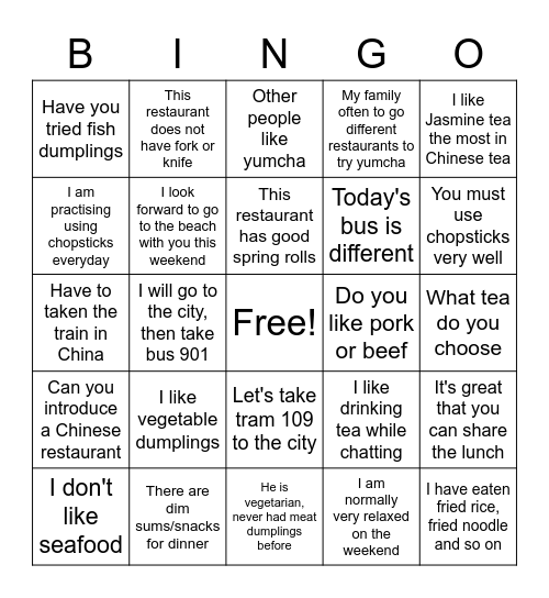 Task 1B Sentence Bingo Card