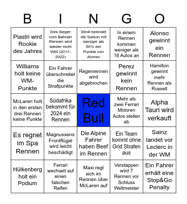 F1 2023 Bingo Card