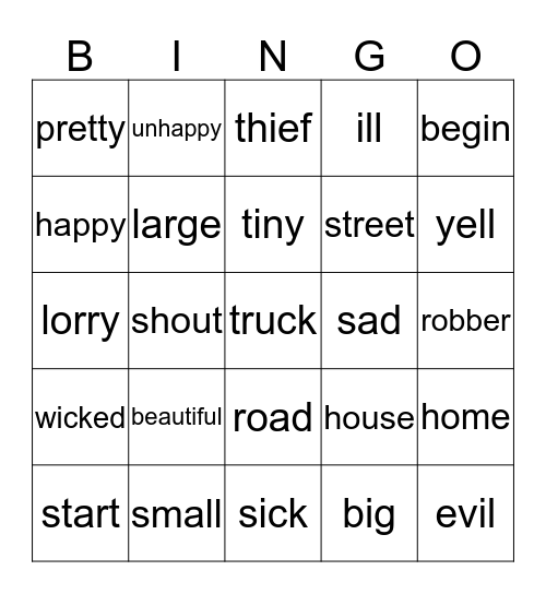Synonyms Bingo Card