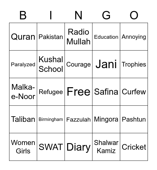 I Am Malala Bingo Card