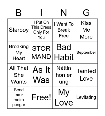 Tónleikabingo Setursbarr Bingo Card