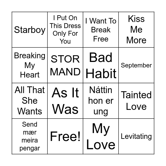 Tónleikabingo Setursbarr Bingo Card