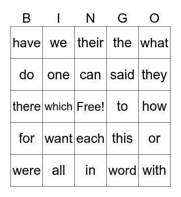 Sight Words Bingo Card