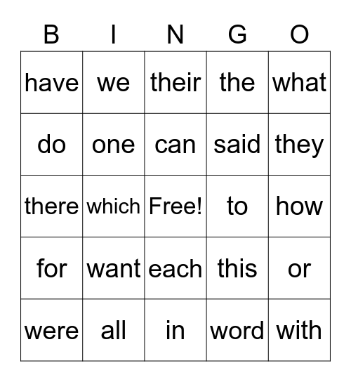 Sight Words Bingo Card