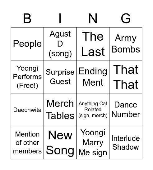 Suga Agust D Tour Bingo Card