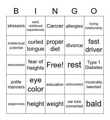 Nature vs. Nurture Bingo Card